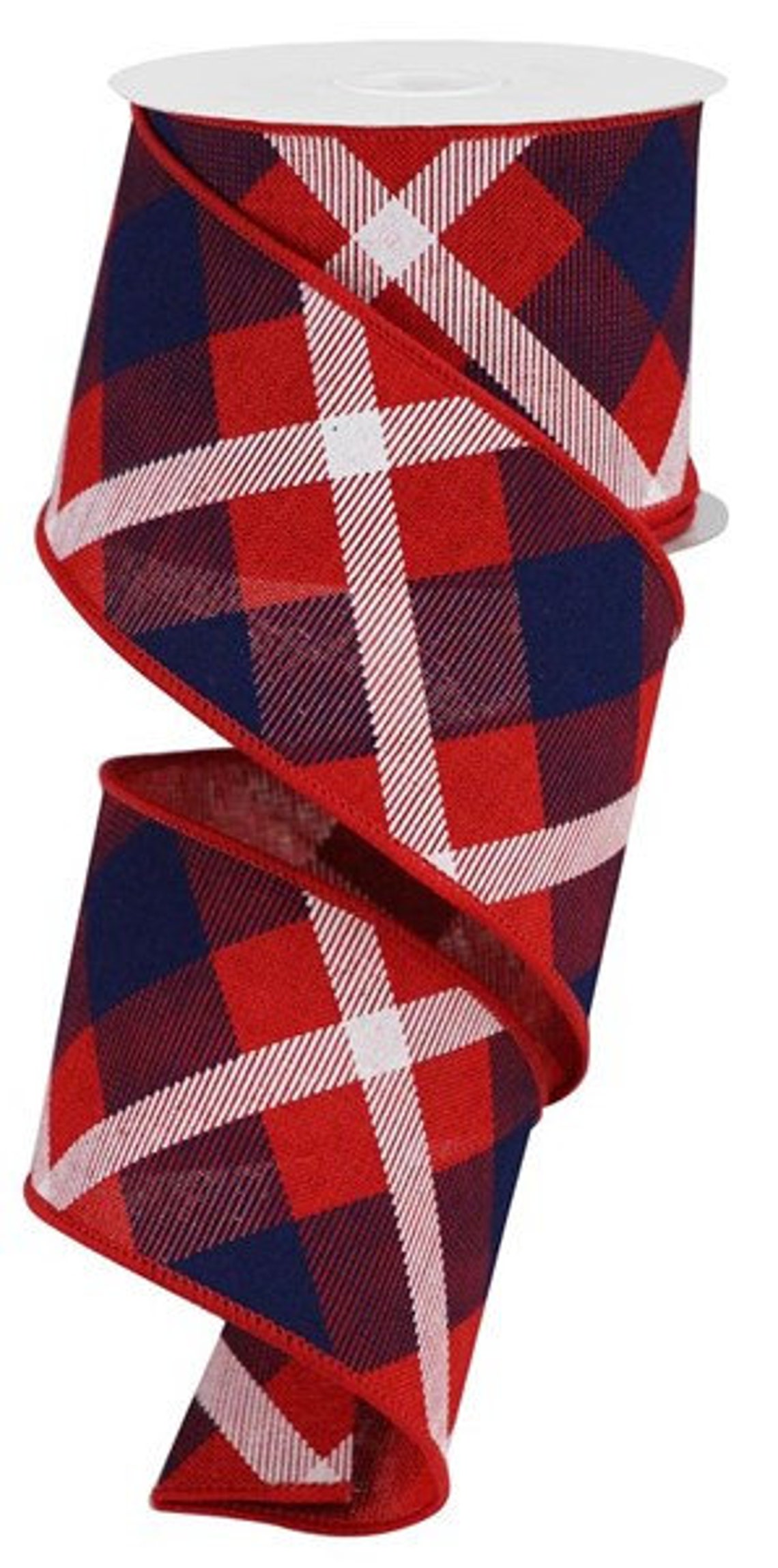 2.5 Navy Blue Red White Plaid-diagonal Wired Ribbon 5 or | Etsy