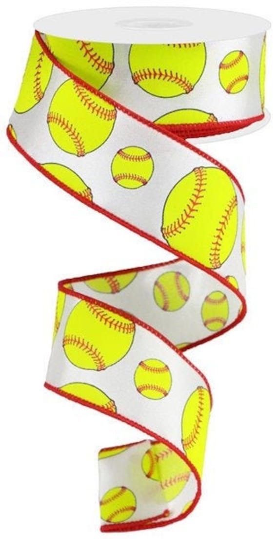 1.5 Softballs ribbon wired, 10 yard roll satin yellow softball on white  satin ribbon, wired ribbon, sports softball 1.5 inch ribbon