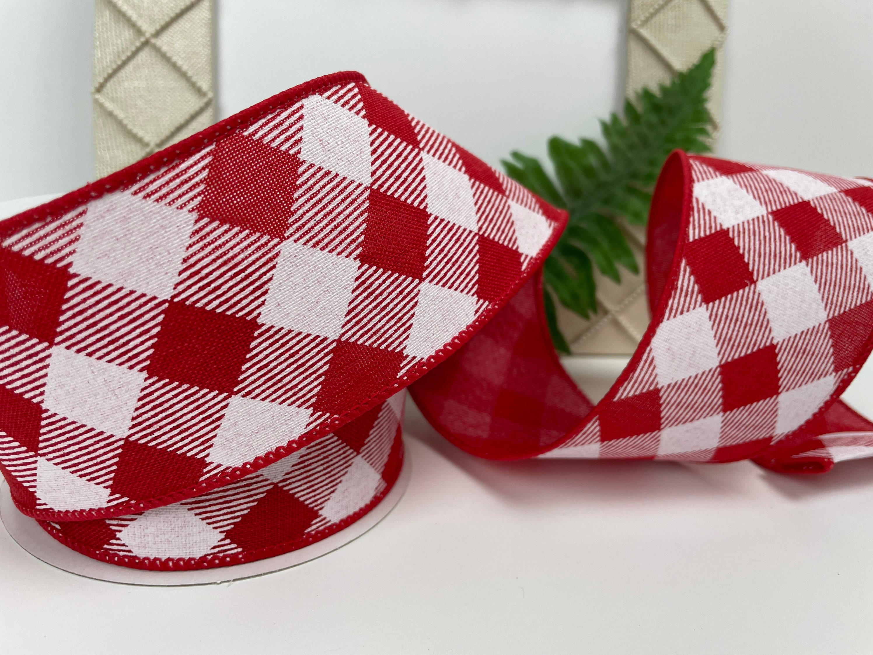 Diagonal Plaid Check Ribbon - 2.5 Inch Wide Wired Edge Craft Ribbon, 10 Yards Maroon & White