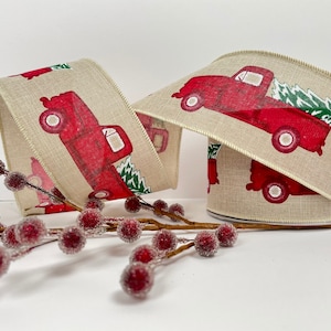 CLEARANCE 2.5&quot; vintage Red Truck Christmas tree wired ribbon 5 or 10 yards vintage red truck ribbon Christmas 2.5 inch ribbon, wired ribbon