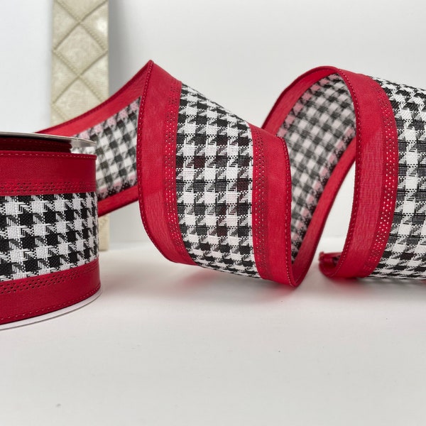 2.5" Black Houndstooth Crimson red wired ribbon 5 or 10 yards Alabama Crimson Tide ribbon, 2.5 inch houndstooth & Red wired ribbon