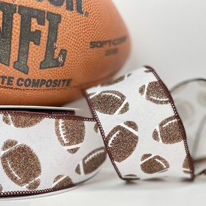 2.5&quot; White glitter brown Footballs wired ribbon 5 or 10 yards Football sports ribbon, 2.5 inch glitter football wired ribbon foot ball
