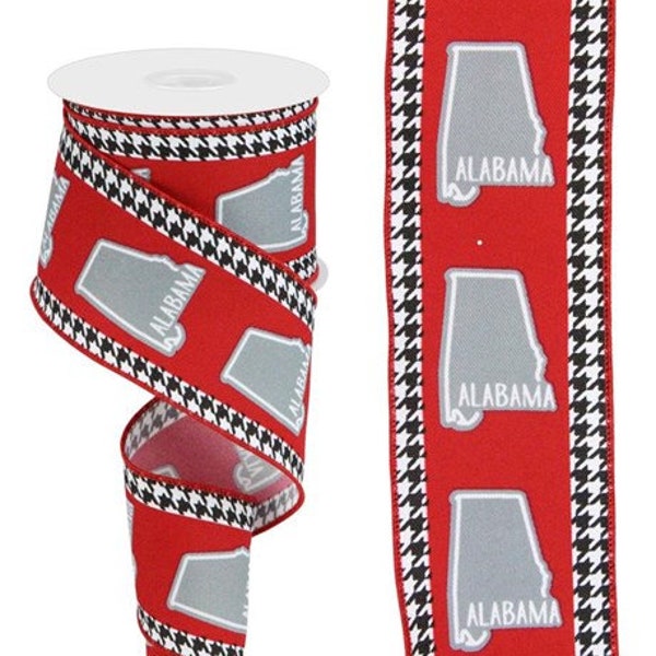 CLEARANCE 2.5" Alabama gray state Houndstooth Crimson red wired ribbon 5 or 10 yards Alabama Crimson Tide inspired, 2.5 inch houndstooth