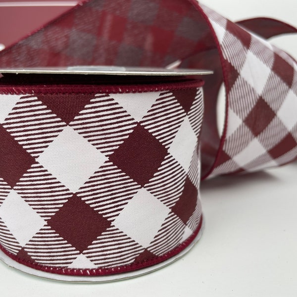 2.5" Maroon Burgundy white diagonal check buffalo plaid wired ribbon 5 or 10 yards, Texas A&M Aggies inspired colors, Mississippi state