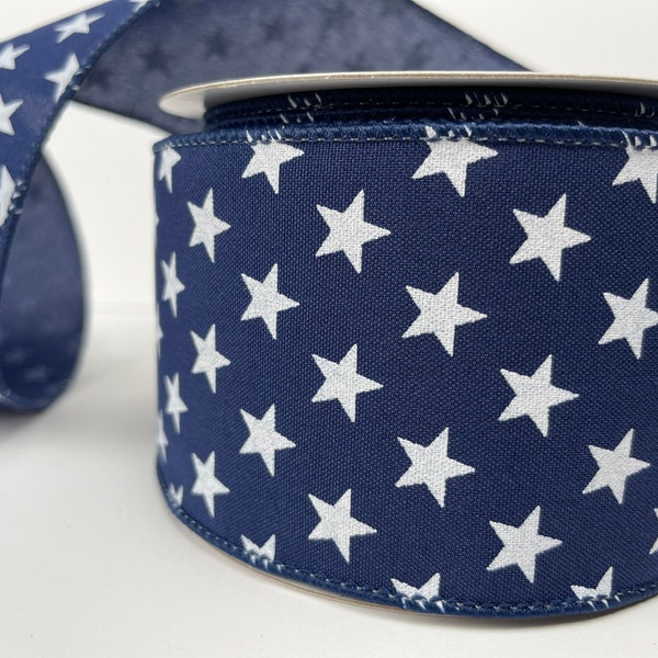 2.5" Navy blue with white multi stars Patriotic wired ribbon 5 or 10 yards flag ribbon, Patriotic American flag, 2.5 inch star ribbon