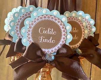 baby shower pacifier necklaces for baby shower game - 12 pcs party favors Cielito Lindo decorations in light blue and brown color its a boy