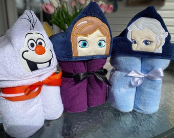 Personalized Embroidered Character Hooded Towel - Ice Queen, Ice Princess, Snowman