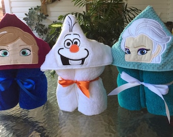 Personalized Embroidered Character Hooded Towel - Ice Queen, Ice Princess, Snowman