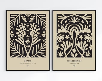 Botanical Posters set of 2, Botanical prints, Australian botanical print, Floral Wall Art, dorm room poster, black and white floral poster