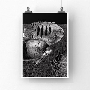 FISH PRINT - 8x10 - Ocean art print - Coral print - Black and white - Fish prints wall art - Fish decor -Beach house art - Nautical print