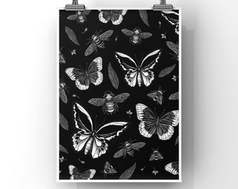 BEES AND BUTTERFLIES print - 8x10 art print - insect print - black and white print - nature art - cottage core print - vintage style print