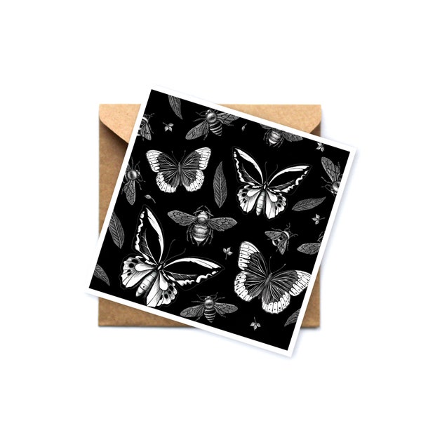 Greeting Card Butterflies - Greeting card square - Insect greeting card - black and white greeting card - card to frame