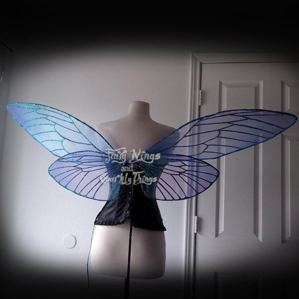 Large blue cicada or bee inspired Iridescent adult fairy wings w color shift  accents for Halloween, wedding or cosplay- made to order