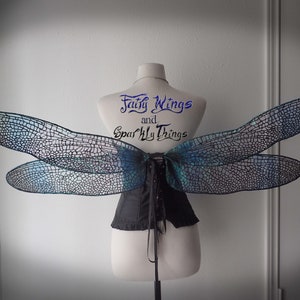 Custom Iridescent blue and holo black realistic life like adult dragonfly fairy wings perfect for water fairies or nymphs