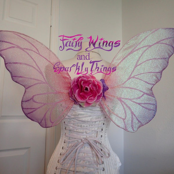 Adult iridescent pastel lavender, purple and pink butterfly fairy wings with sparkling flower accents - Made to order