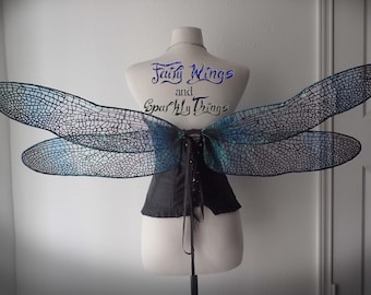 Custom Iridescent blue and holo black realistic life like adult dragonfly fairy wings perfect for water fairies or nymphs