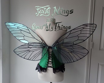 Large custom black cicada or bee inspired Iridescent adult fairy wings w holographic accents for Halloween, wedding or cosplay-Made to order
