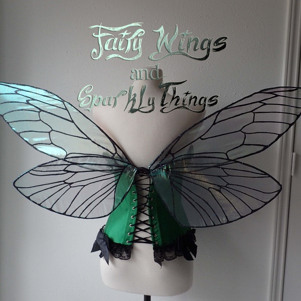 Large black cicada or bee inspired Iridescent adult fairy wings w holographic accents for Halloween, wedding or cosplay- made to order