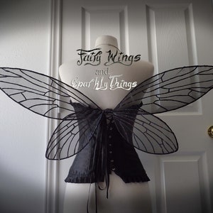 Custom sparkling black dragonfly adult fairy wings with sparkling holographic glitter detailing perfect for Renaissance made to order