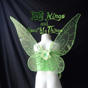 May include: Green fairy wings with a sparkly finish and a flower design. The wings are attached to a white mannequin.