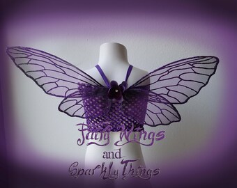 Purple and black holographic cicada inspired child sized dragonfly fairy wings with rhinestone flower accent Halloween - Made to order