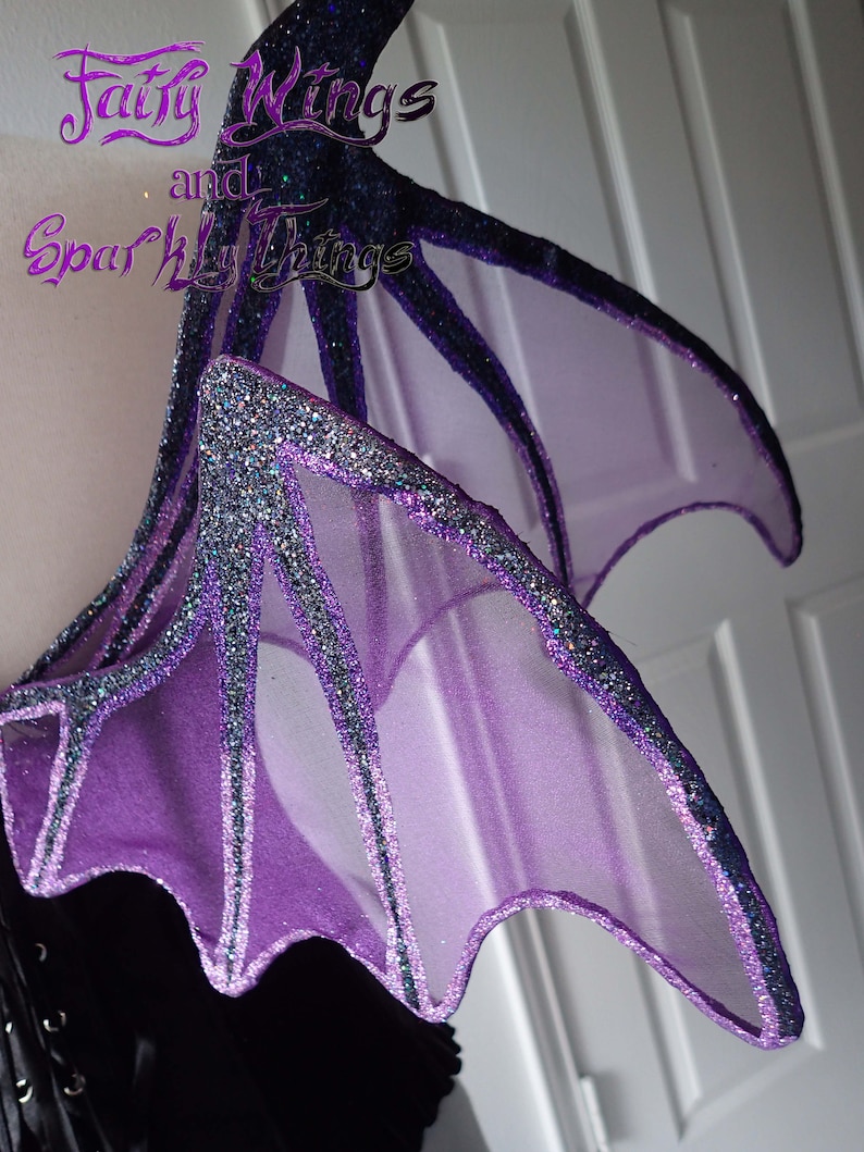May include: Purple and black fairy wings with glitter accents. The wings are made of sheer fabric and have a pointed shape.