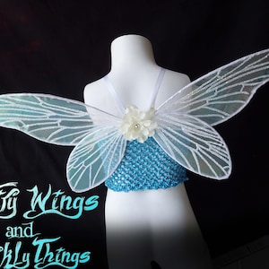 Iridescent sparkling white child sized realistic dragonfly fairy wings with sparkling rhinestone flower center - Made to order