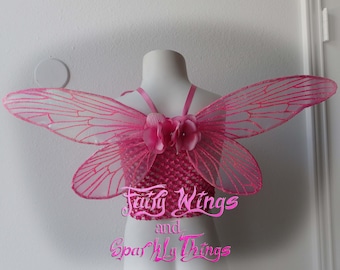 Iridescent sparkling pink child sized realistic dragonfly fairy wings with sparkling rhinestone flowers- Made to order
