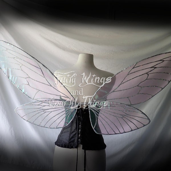 Silver cicada or bee inspired Iridescent large adult fairy wings with holographic accents for wedding - made to order