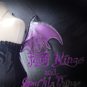May include: Purple fairy wings with silver glitter trim. The wings are attached to a black fabric background with the text "Fairy Wings and Sparkly Things" written in purple.