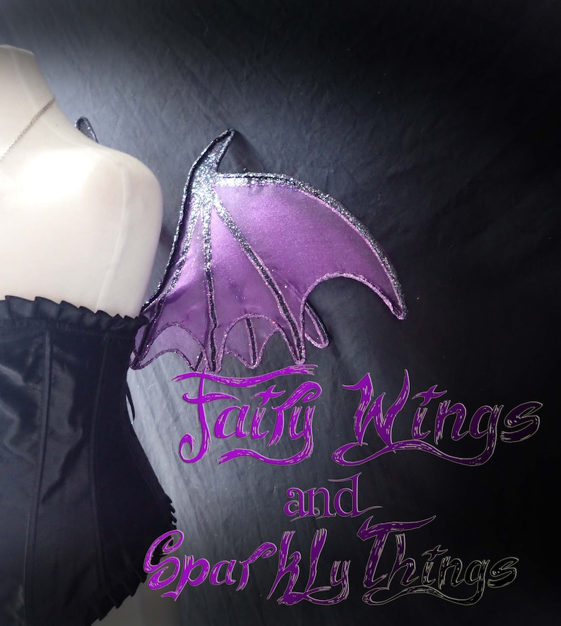 May include: Purple fairy wings with silver glitter trim. The wings are attached to a black fabric background with the text "Fairy Wings and Sparkly Things" written in purple.