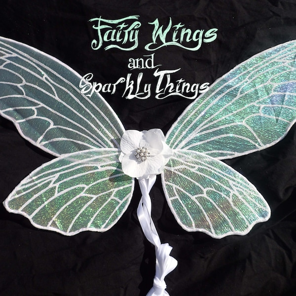 Iridescent child fairy wings with rhinestone flower accents perfect for flower girl gift for a fairytale wedding or costume- Made to order