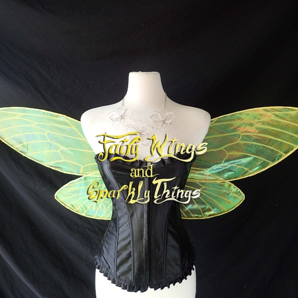 Custom yellow cicada or bee inspired Iridescent large adult fairy wings w iridescent glitter accents great for costumes, cosplay or wedding