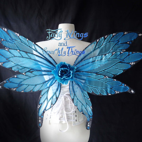 Large adult Aqua and cerulean blue fantasy monarch butterfly fairy wings with holographic and metallic accents - Made to order