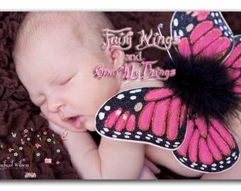 Pink monarch butterfly fairy wings for babies or newborns with sparkling details perfect for portraits or photography prop - Ready to ship