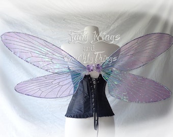 Purple Iridescent Adult dragonfly fairy wings w holographic silver accents for Fairy tale wedding Renaissance faire Halloween or cosplay