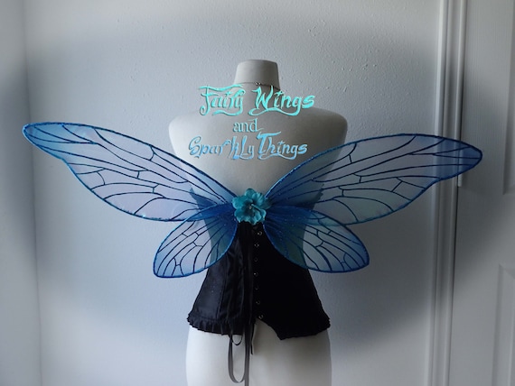 Iridescent Holographic Blue Adult Dragonfly Fairy Wings With