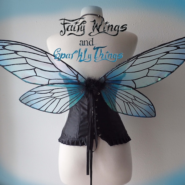 Iridescent black and blue adult cicada fairy wings, perfect for Navi cosplay, fairy costume or renaissance outfit - Made to order