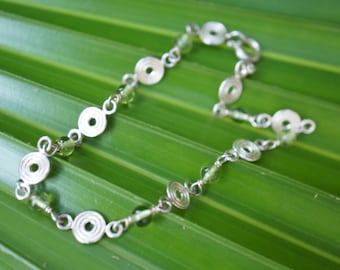 Bracelet Vintage En Argent Massif Avec Agathe Verte - Design Années 70 - Très Bon état
