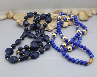 Collier Vintage Chaîne Plate Or Avec Perle Bleue Centrale - Cristal - Très Bon état