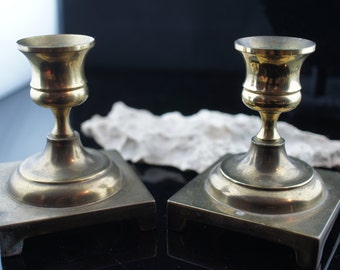 Vintage candle holder, Ethan Allen candlestick, solid brass USA set of 2, home decor, art candleholder table collection, yellow 3 1/2&quot; x180