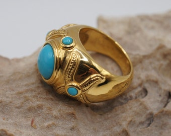 Ring Signed 14K FP Turquoise Moghul Style Solid Gold Yellow Jewelry Cocktail Collectable Size 6.