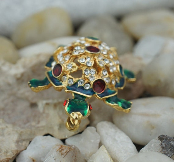 Brooch Turtle Art Deco Jewelry Gold Tone Green Re… - image 4