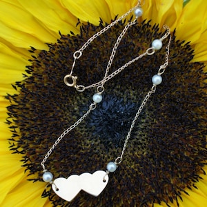 Solid Gold 14K Baby Necklace or Bracelet with pendant Charm two hearts heart love family forever yours friendship gift chain pearls AUC-002