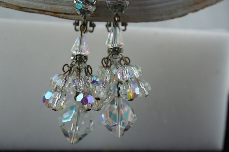 Earrings Silver Tone Chandelier Clear Stone Aurora Borealis Rhinestone Clip On Drop Part Vintage Jewelry Art Deco Gift *106
