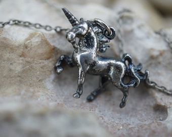 STERLING SILVER 925 vintage Charm Pendentif Licorne Cheval Petite Chaîne Collier Argent Ton Art Déco *146