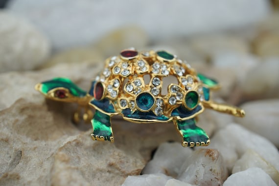 Brooch Turtle Art Deco Jewelry Gold Tone Green Re… - image 1