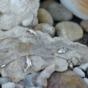 Anklet Sterling Silver 925 Bracelet Leg Foot Woman Gift Elegant Heart Dolphin Figaro Design Chain Art Deco Jewelry Vintage *18