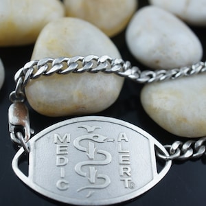 Bracelet 925 Vintage Sterling Silver  Medic Alert chain links ring in ring design Modernist unisex st327
