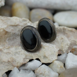 Sterling Silver 925 Onyx Vintage Art Deco Stud Orecchini forati Gioielli Ovali Modernist *535